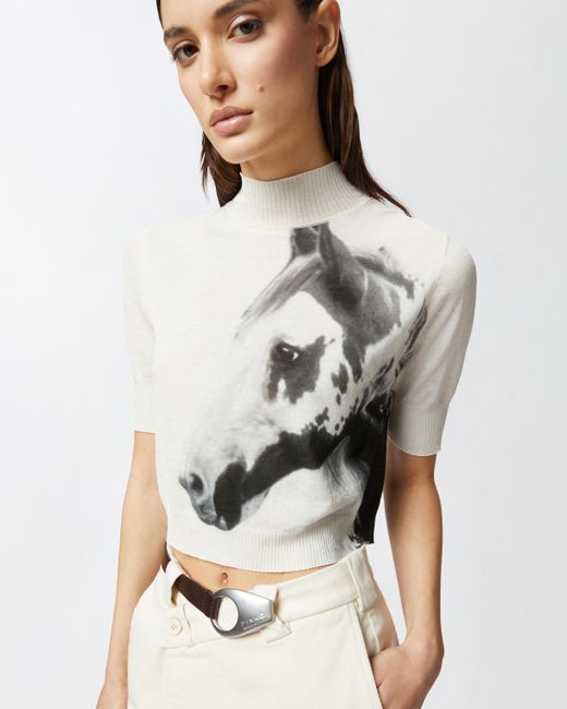 Pinko White Reimagine By X Patrick Mcdowell Short-sleeved Sweater With Horse Print