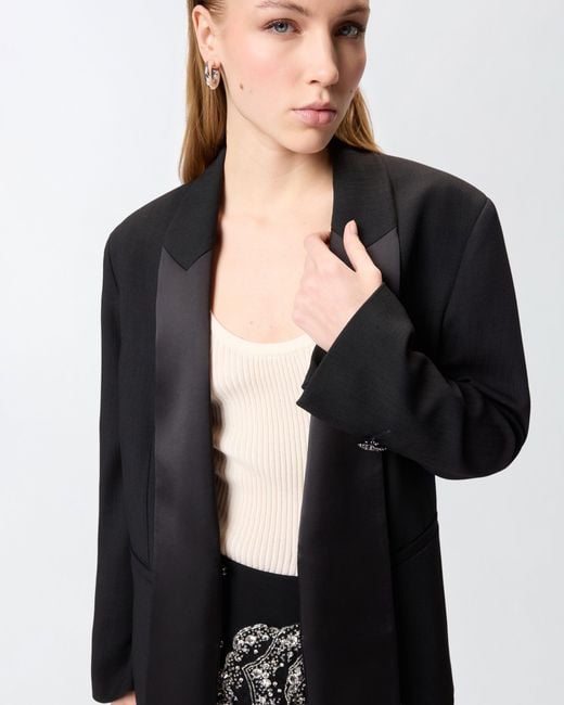 Pinko Black Slub Fabric Jacket With Satin Lapels