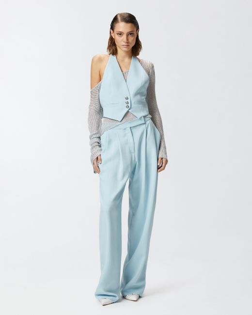 Pinko Blue Sheer Metallic Sweater With Wide Neck