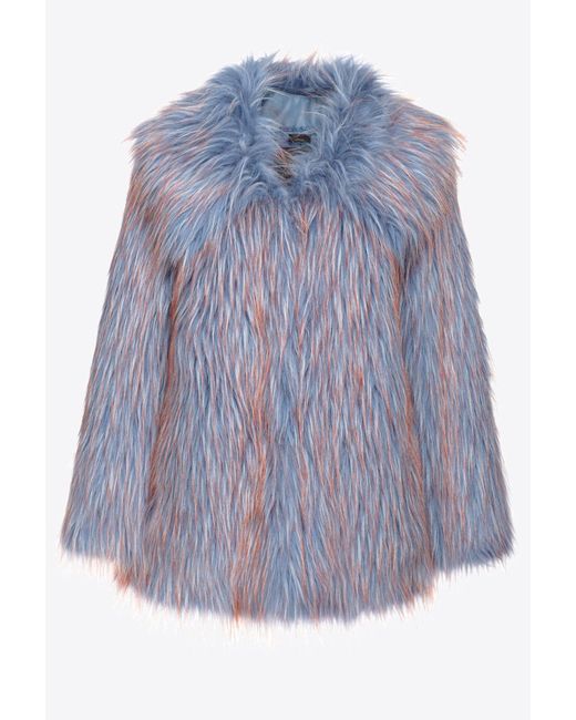 Pinko Blue Coloured Fox Fur-effect Pea Coat