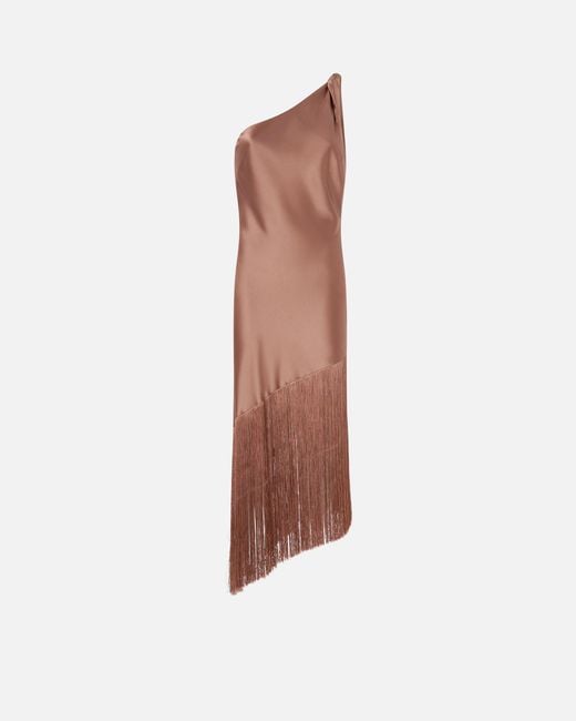 Pinko White Satin One-Shoulder Mini Dress With Fringing