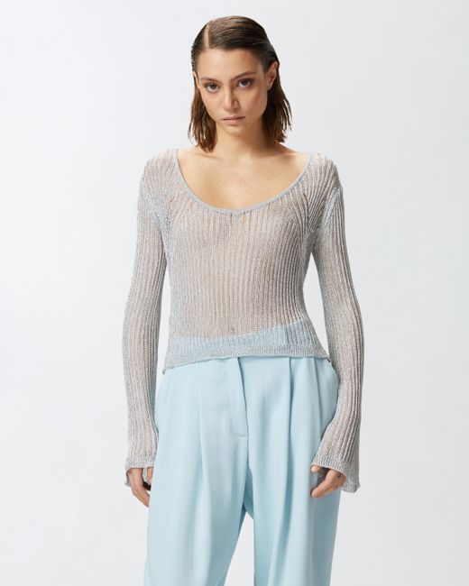 Pinko Blue Sheer Metallic Sweater With Wide Neck