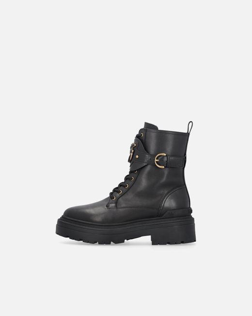 Pinko Black Leather Combat Boots With Branded Front Strap