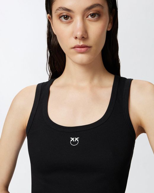 Pinko Black Ribbed Vest Top With Birds Logo