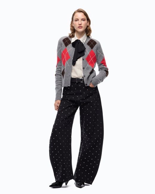 Pinko Red Wool And Cashmere Crew-Neck Cardigan With Diamond Motif