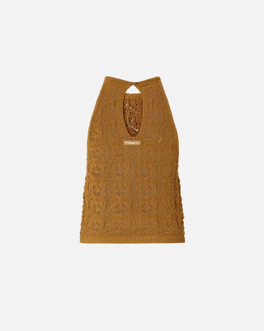 Pinko Brown Crochet-Effect Top With Appliqué Flowers