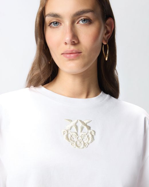 Pinko White Cropped T-Shirt With Love Birds Embroidery
