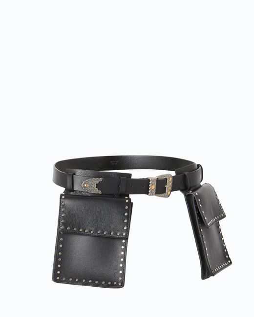 Pinko Black Texan Leather Belt With Storage Pockets, 3 Cm