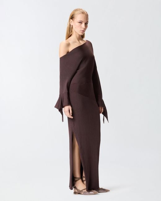 Pinko Brown Long Rib-Knit Dress With Asymmetrical Neckline