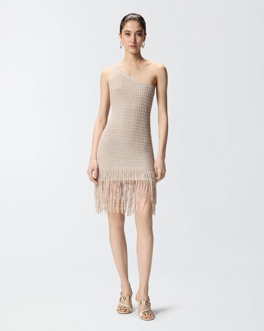 Pinko White One-Shoulder Mini Dress With Fringing