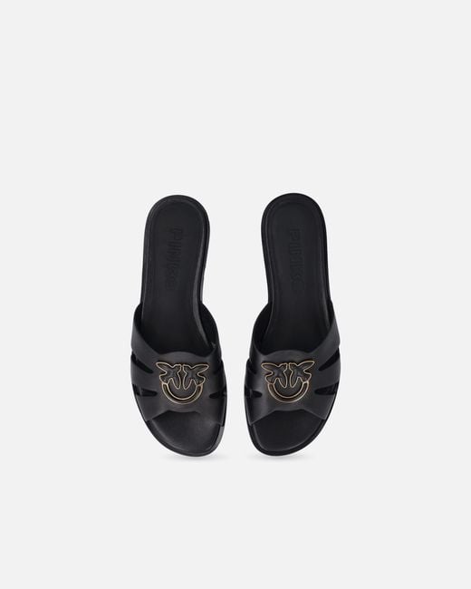 Pinko White Leather Slip-On Sandals With Love Birds Logo
