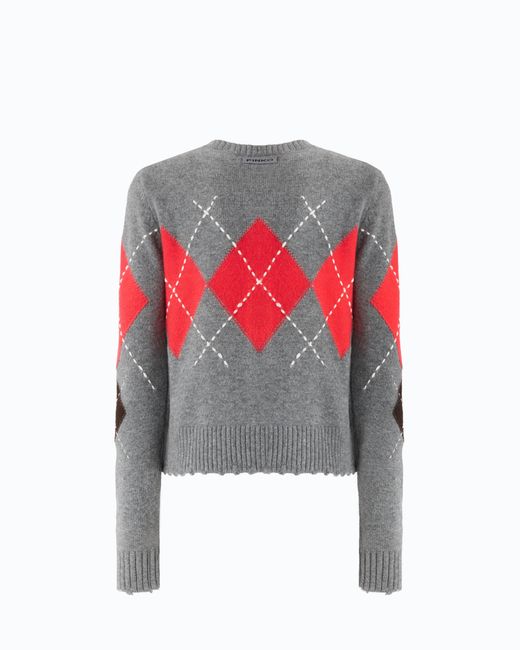 Pinko Red Wool And Cashmere Crew-Neck Cardigan With Diamond Motif