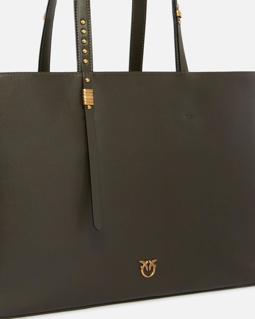 Pinko Natural Medium Leather Shopper Bag With Metal Details