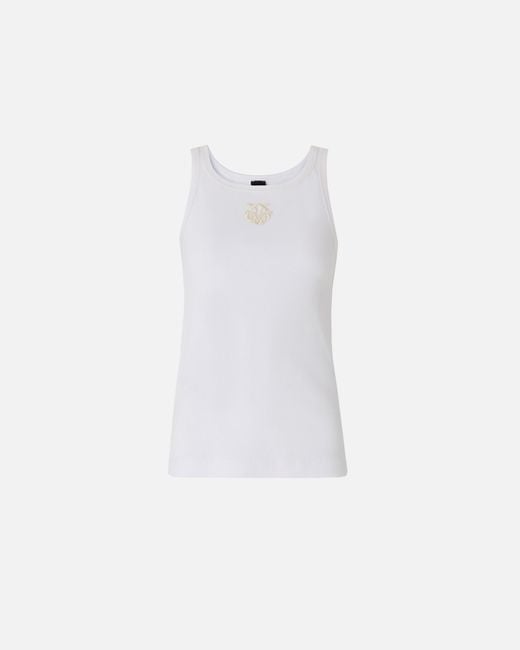 Pinko White Ribbed Vest Top With Love Birds Embroidery