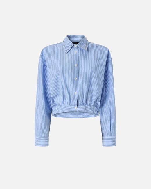 Pinko Blue Cropped Striped Shirt With Jewel Collar