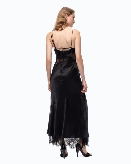 Pinko Black Long Satin Dress With Draping And Lace