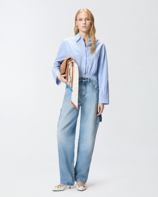 Pinko Blue Cropped Striped Shirt With Jewel Collar