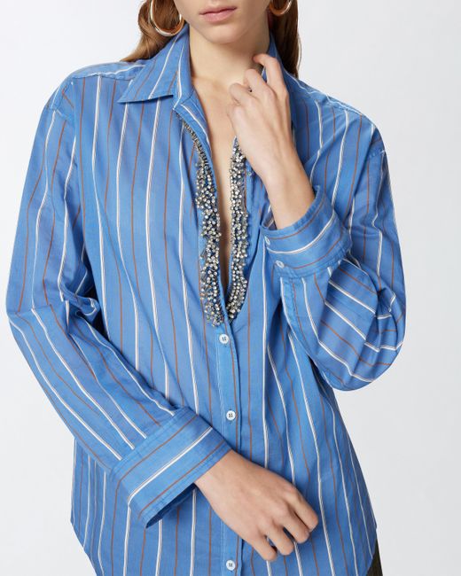 Camisa Azul A Rayas Con Bordado Tipo Joya Pinko de color Blue