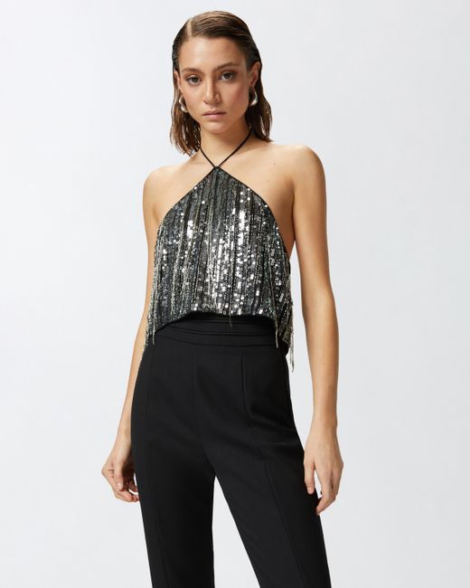 Pinko White Sequinned Open-Back Crop Top