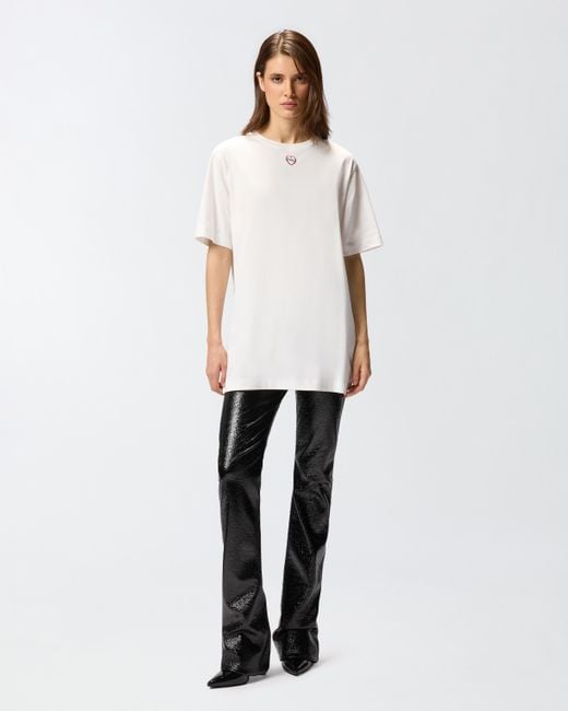 Pinko White Oversized Long T-shirt With Print And Embroidery