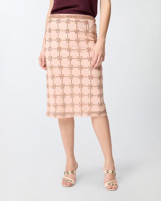 Pinko Pink Mesh Calf-Length Skirt With Crystals