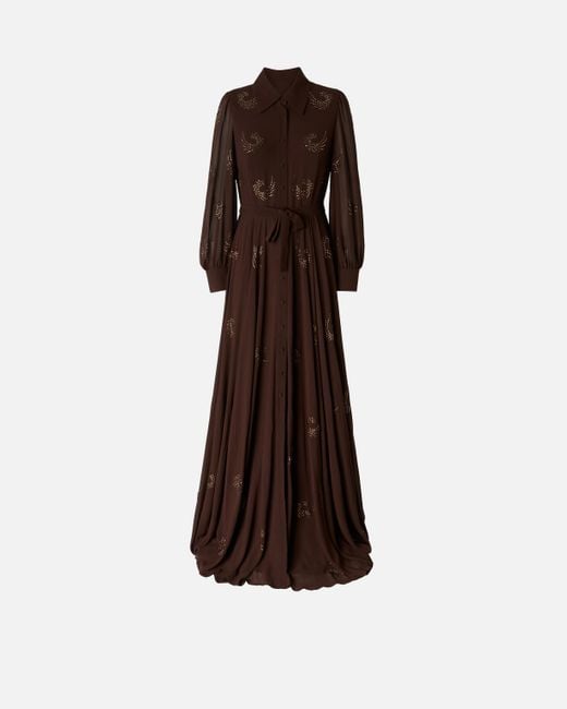 Pinko Lightweight Long Dress With Rhinestone Swirls in Brown