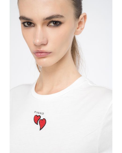 Pinko White T-shirt With Heart Embroidery