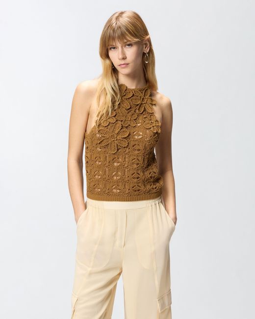 Pinko Brown Crochet-Effect Top With Appliqué Flowers