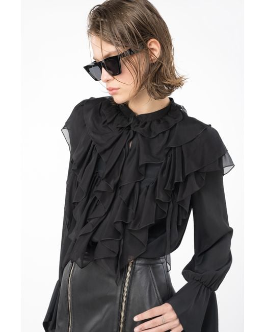 Pinko Blusa Con Cascata Di Volant Nero in Black Lyst