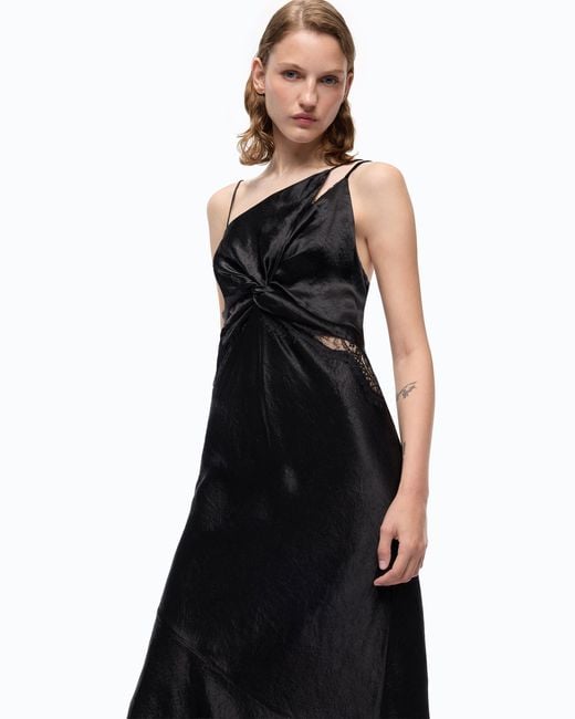 Pinko Black Long Satin Dress With Draping And Lace