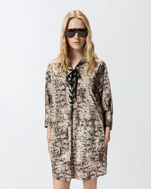 Pinko White Mini Dress With Snake Print And Neckline Ribbons