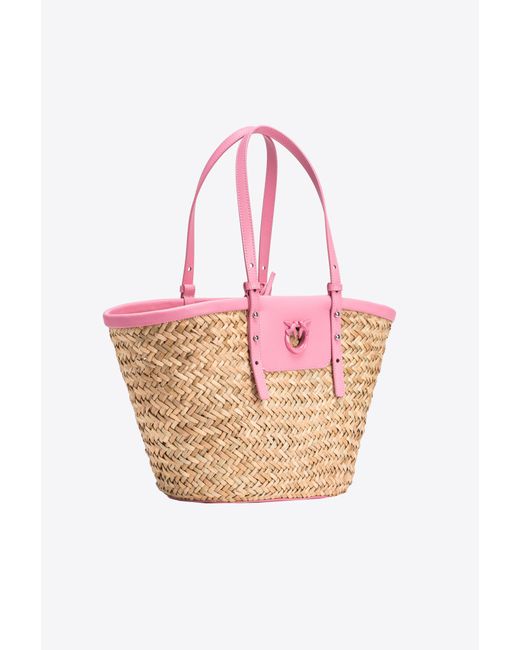 Pinko Pink Love Summer Bucket Bag In Raffia