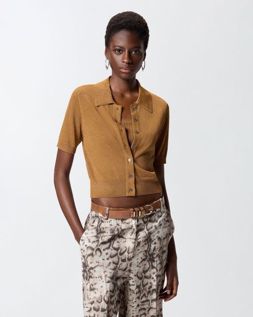 Pinko White Cropped, Short-Sleeved Cardigan With Collar