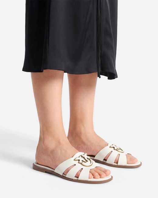 Pinko White Leather Slip-On Sandals With Love Birds Logo