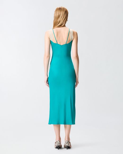 Pinko Blue Midi Slip Dress With Lace Bands