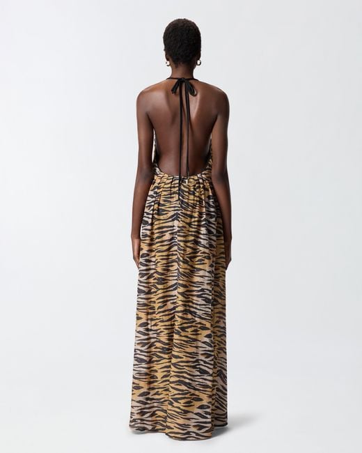 Pinko White Long Halterneck Dress With Animal Print