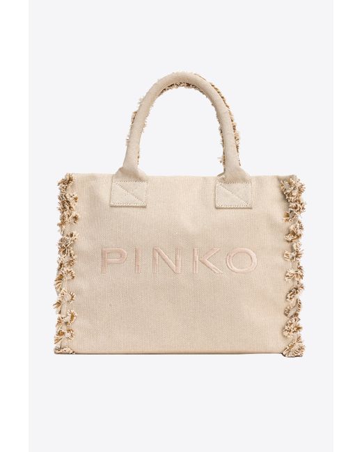 Pinko Natural Beach Shopper In Salt-and-pepper Recycled Canvas