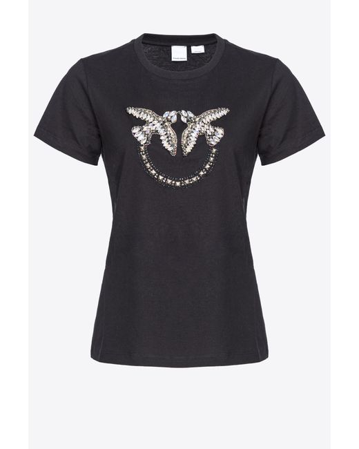Pinko Black T-shirt With Love Birds Embroidery