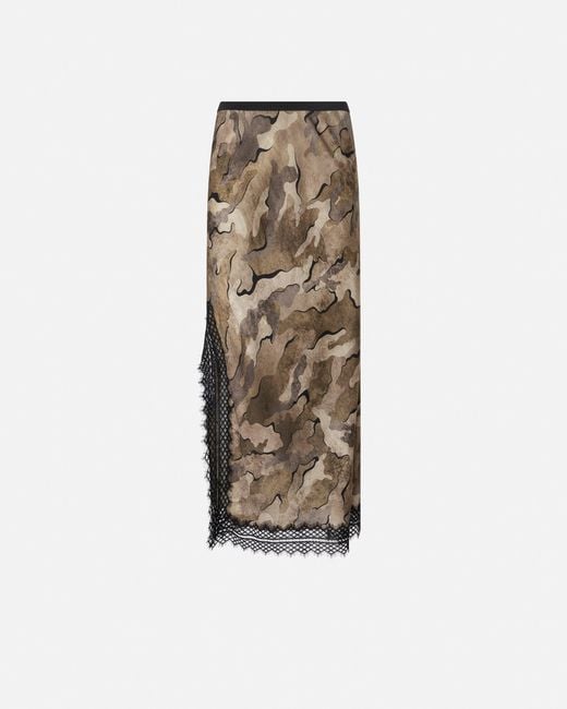 Pinko Natural Camouflage Midi Skirt With Lace And Slit