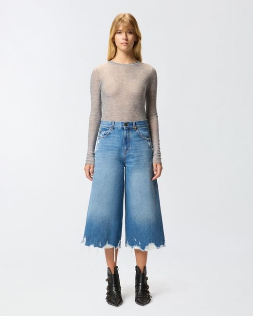 Pinko Blue Long Denim Shorts With Distressed Hem