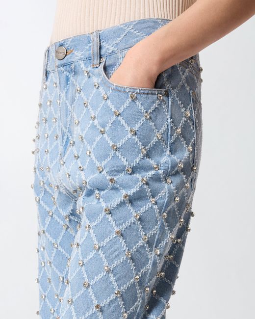 Pinko Blue Wide-Leg Jeans With Diamond And Rhinestone Motif