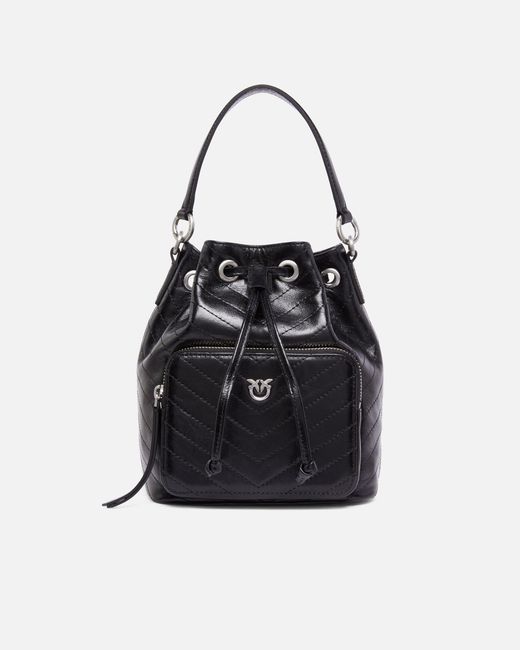 Pinko Black Small Leather Cargo Bucket Bag With Pocket
