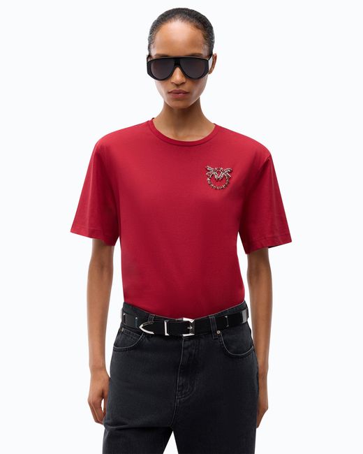 Pinko Red T-Shirt With Love Birds Jewel Detail