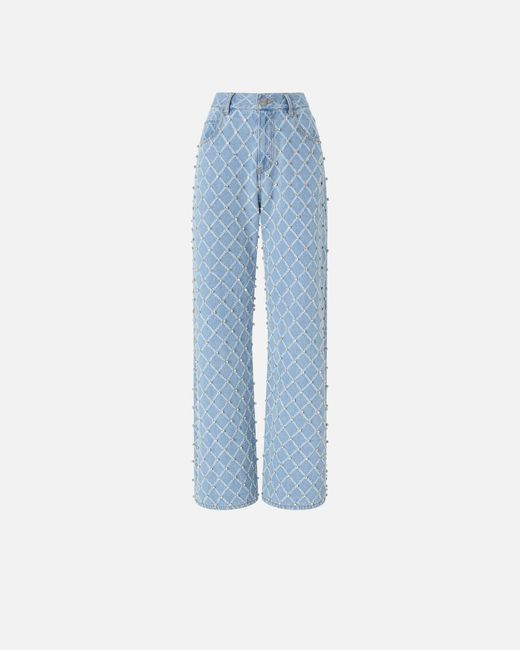 Pinko Blue Wide-Leg Jeans With Diamond And Rhinestone Motif