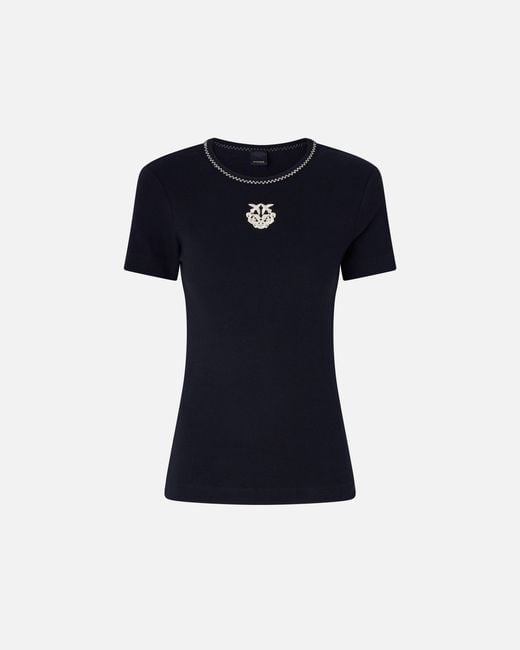 Pinko Blue Fine-Rib T-Shirt With Love Birds Embroidery