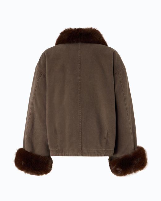Pinko Brown Cotton Pea Coat With Faux Fur Details