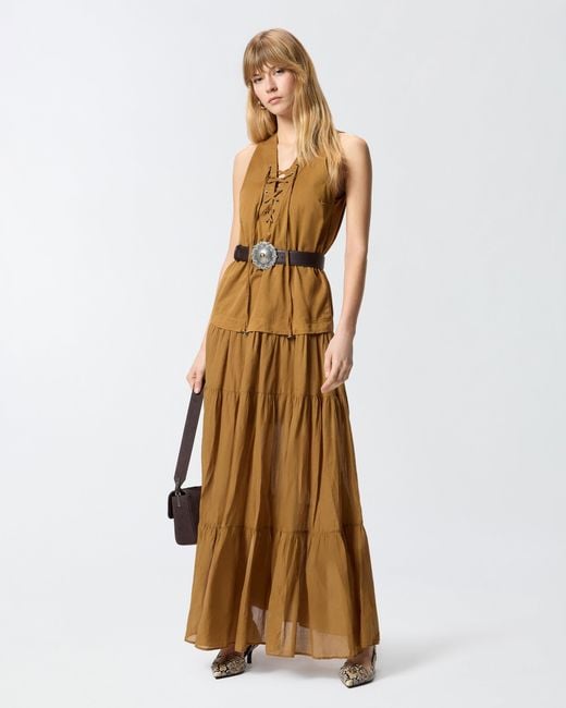 Pinko Natural Long Cotton Dress With Flounce And Ribbons