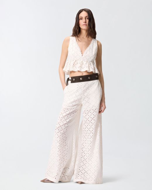 Pinko White Crop Top With Ruffle And Openwork Pattern