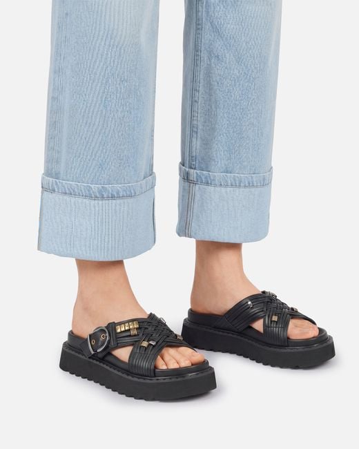 Pinko White Woven Nappa Leather Slip-On Sandals With Metallic Rings