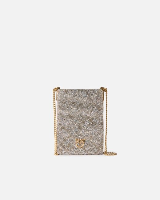 Pinko White Fully Rhinestoned Leather Smartphone Case With Shoulder Strap